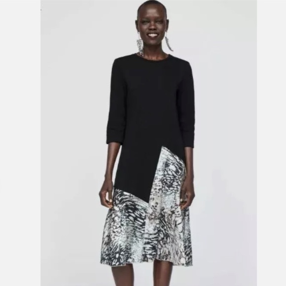 Zara Black Gray Animal Print Colorblock Mobwife Retro Unique Midi Dress Size M - Picture 1 of 14